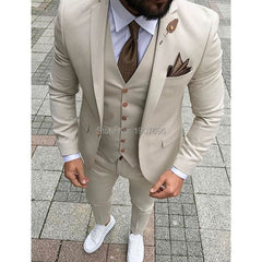 Voguable Slim Fit Casual Men Suits Beige 3 Piece Jacket with Pants Vest New Fashion Male Blazer Bespoke Wedding Groom Tuxedo New Arrival voguable