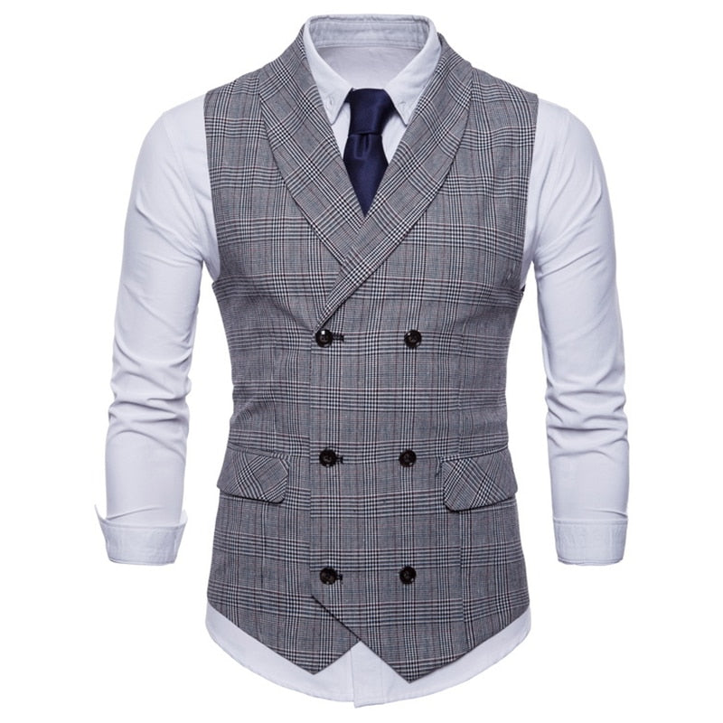 Voguable New Brand Classic Plaid Suit Vest Men Slim Fit Double Breasted Vest Waistcoat Mens Business Wedding Tuxedo Vest Gilet Homme voguable