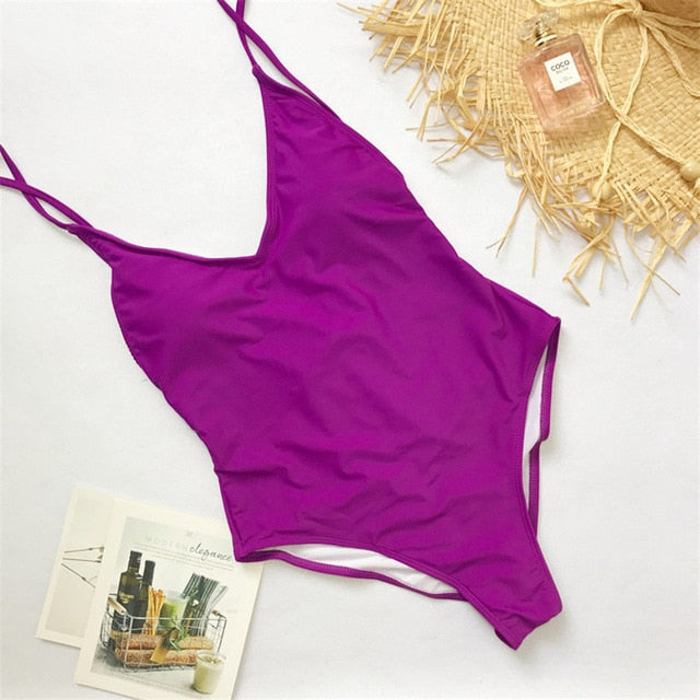 Voguable   2022 V Neck Female Swimwear One Piece Swimsuit Women Backless Monokini Sexy Bather Plus size High cut Bathing Suit Swim Bodysuit voguable