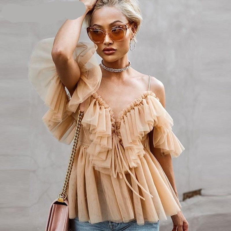 BerryGo Strap ruffles mesh blouse women shirt V neck off shoulder summer blouse tops Streetwear sexy peplum tops blusas 2019 new voguable