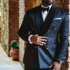Voguable Double Breasted floral Men Suits for Wedding Slim Fit Navy Blue Groom Tuxedos 2 Piece Set Jacket with Pants Male Fashoin Clothes voguable
