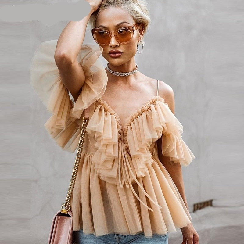 BerryGo Strap ruffles mesh blouse women shirt V neck off shoulder summer blouse tops Streetwear sexy peplum tops blusas 2019 new voguable