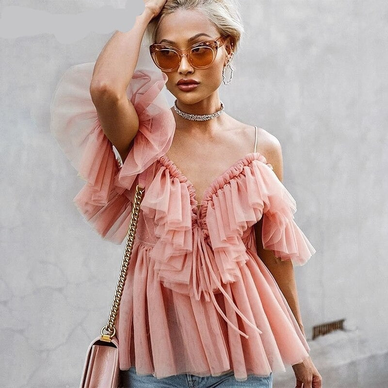 BerryGo Strap ruffles mesh blouse women shirt V neck off shoulder summer blouse tops Streetwear sexy peplum tops blusas 2019 new voguable