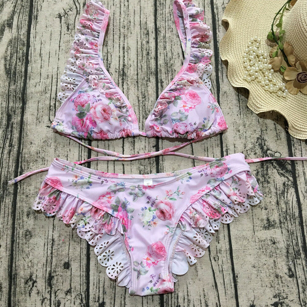 Voguable  Sexy Flower Print 2 Pcs Bikini Sets Women Push-up Padded Bra Bandage Ruffles Bikini Set Swimsuit Triangle Swimwear Bathing Suits voguable