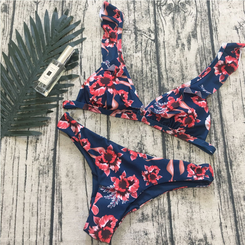 Voguable  Sexy Flower Print 2 Pcs Bikini Sets Women Push-up Padded Bra Bandage Ruffles Bikini Set Swimsuit Triangle Swimwear Bathing Suits voguable