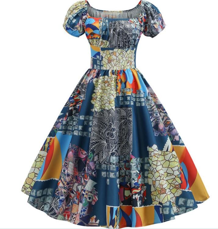 Voguable  2022 Plus Size Summer Dress Women Puff Sleeve Swing Vintage Dresses Robe Femme Elegant Floral Print Pin Up Party Dresses Jurken voguable