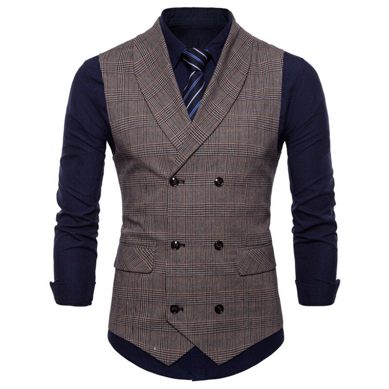 Voguable New Brand Classic Plaid Suit Vest Men Slim Fit Double Breasted Vest Waistcoat Mens Business Wedding Tuxedo Vest Gilet Homme voguable