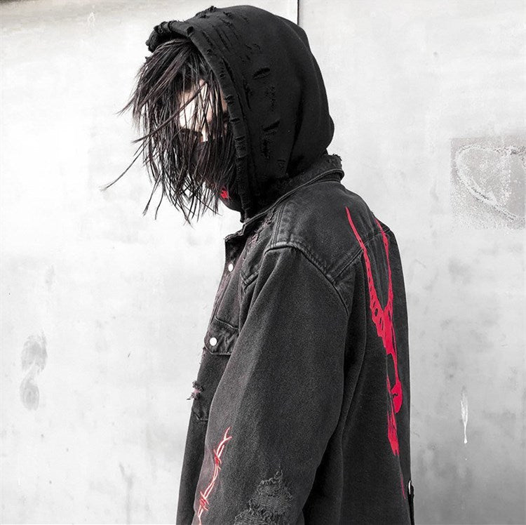 Voguable Harajuku Gothic Demon Hunter Skull denim jacket men Rock punk heavy metal Sweatshirt sudadera suspenders hole streetwear voguable