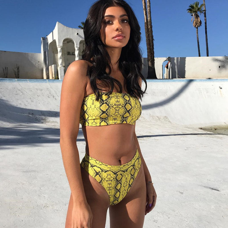 Voguable 2021 New High Waist  Bikini set Yellow Bandeau Swimsuit Sexy Print Thong Bikini Women Swimwear Two-pieces Bather Bathing Suit voguable