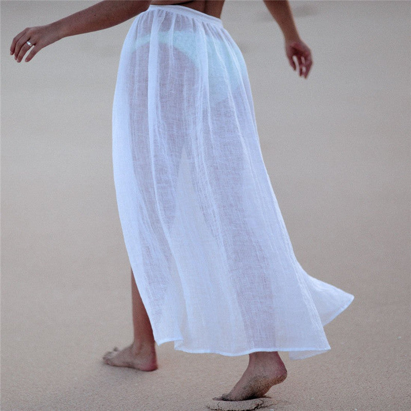 Voguable  Sexy long beach women cover-ups Lace up swimsuit see through female skirts Fashion holiday cotton white sarong skirts voguable
