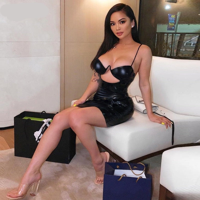 Voguable  PU spaghetti straps hollow out sexy high waist slim black solid 2019 summer women new fashion party bodycon mini dress voguable
