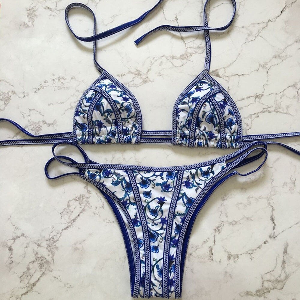 Voguable  Sexy Flower Print 2 Pcs Bikini Sets Women Push-up Padded Bra Bandage Ruffles Bikini Set Swimsuit Triangle Swimwear Bathing Suits voguable
