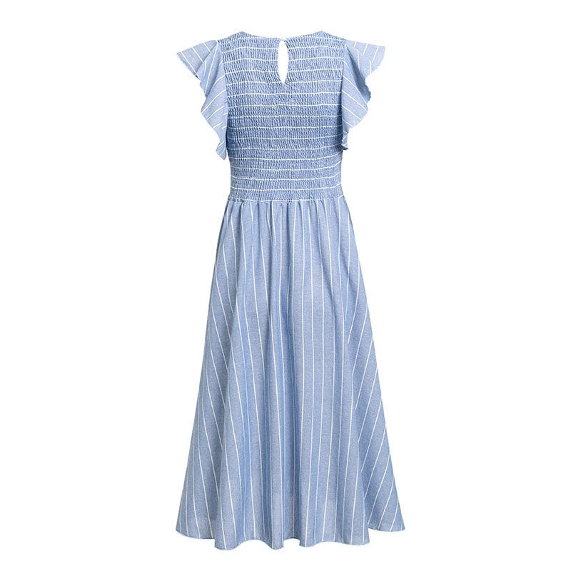Voguable  Vintage striped women dresses long dress Ruffle sleeve linen elegant dresses Casual ruched fashion female vestidos 2019 voguable