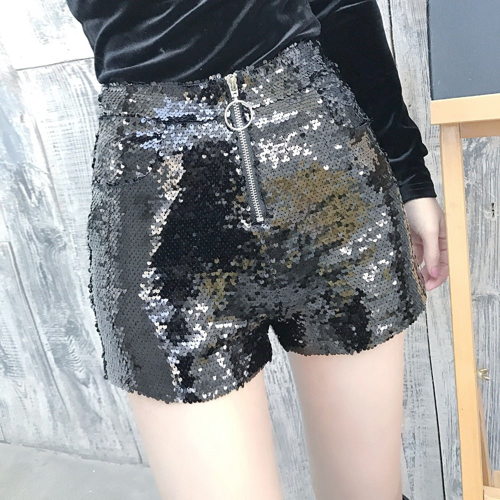 Voguable Sexy Women Sequin Shorts Summer High Waist O-Ring Zip Bodycon Shorts Feminino Skinny Party Club Festival Raves Pole Dance Shorts voguable