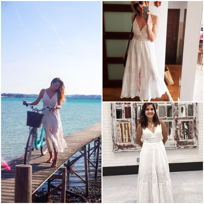 Voguable  White pearls sexy women summer dress 2022 Hollow out embroidery maxi cotton dresses Evening party long ladies vestidos voguable
