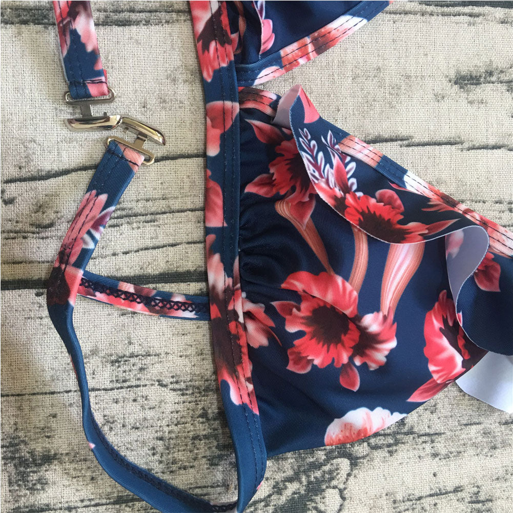 Voguable  Sexy Flower Print 2 Pcs Bikini Sets Women Push-up Padded Bra Bandage Ruffles Bikini Set Swimsuit Triangle Swimwear Bathing Suits voguable