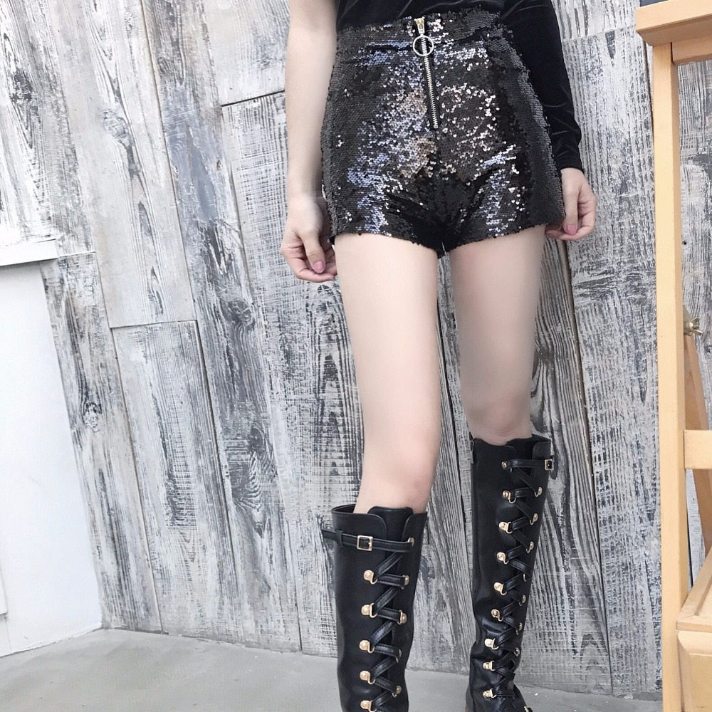 Voguable Sexy Women Sequin Shorts Summer High Waist O-Ring Zip Bodycon Shorts Feminino Skinny Party Club Festival Raves Pole Dance Shorts voguable