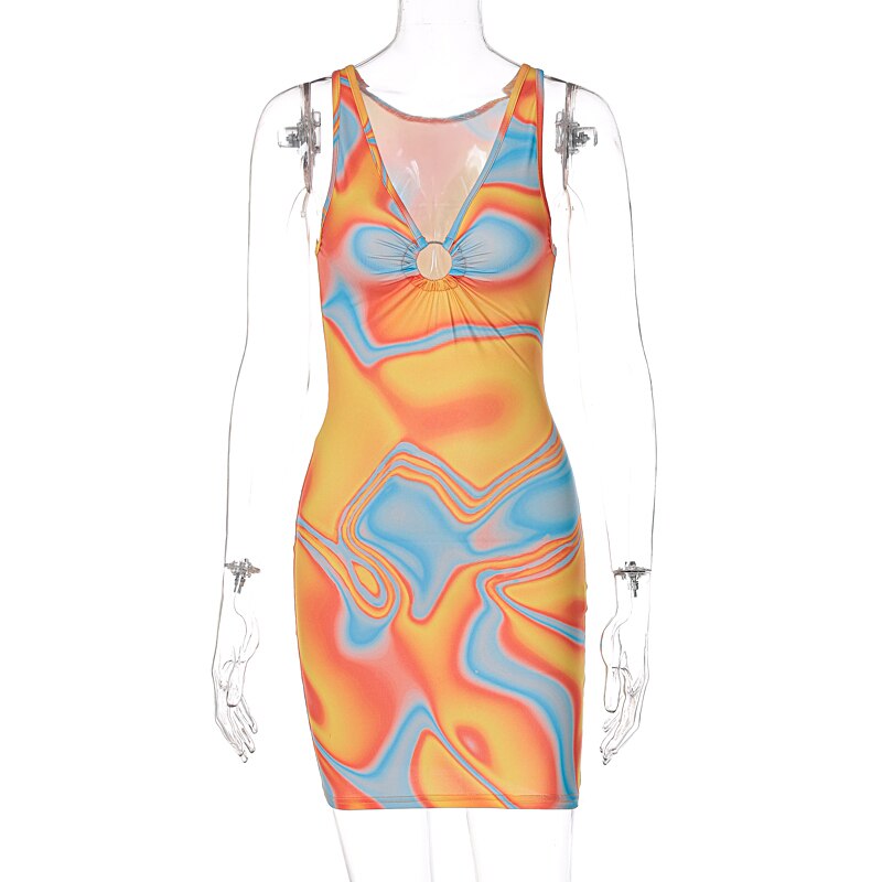 Voguable 2022 Tie Dye Print Halter V Neck Sleeveless Hollow Out Mini Dress Summer Autumn Women Fashion Streetwear Y2K voguable