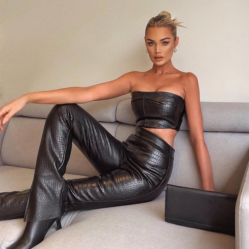 Voguable Sleeveless Solid Pu Leather Backless Tube Top Leggings 2 Pieces Set Autumn Winter Women Sexy Streetwear Tracksuit voguable