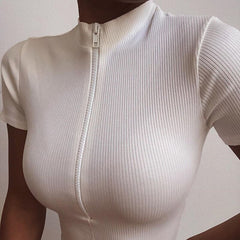 New Slim Fit Zipper T-shirt Women Female Bustier Corset Tops Autumn High Neck Women Cropped Tops Tee Solid Shirt White voguable