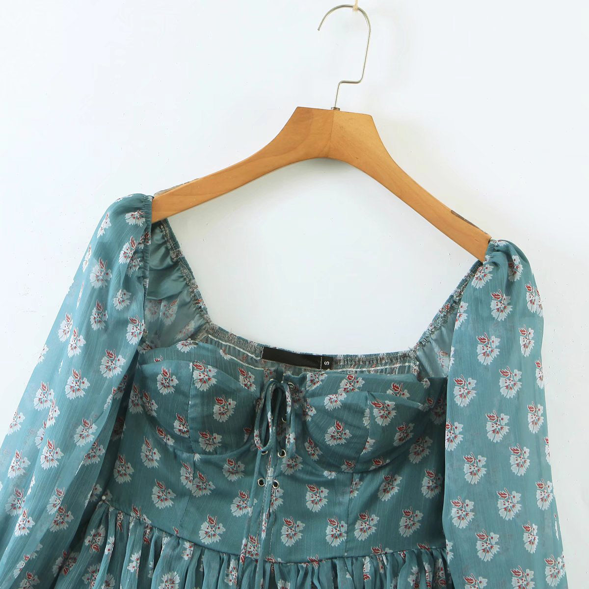 Voguable  Summer Women Floral Print Ruffle Cake Chiffon Dress Sexy Collar Long Sleeve Holiday Vintage Dress Ladies Short Robe voguable