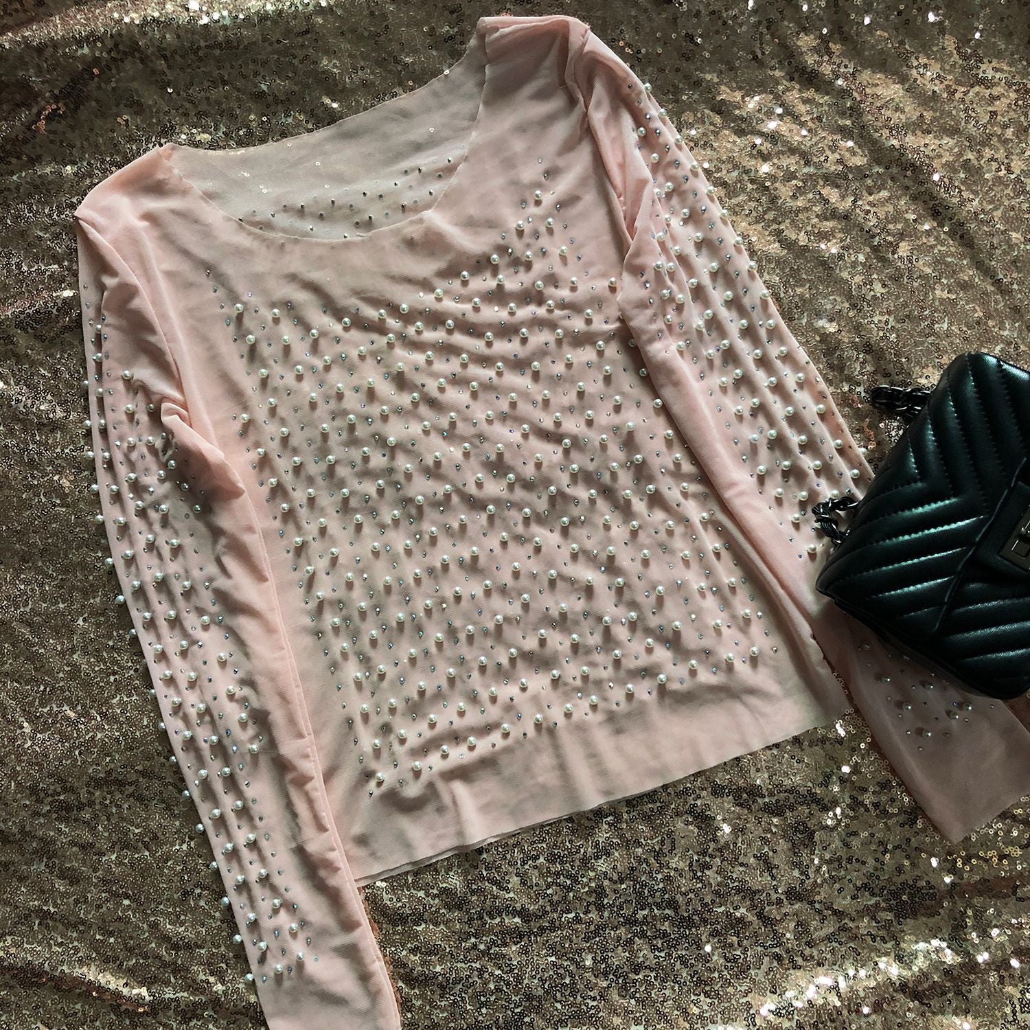 Voguable  Women Transparent O-Neck Long Sleeve Sexy Lace Mesh Shirt Club Party Tops Ladies 2020 Spring Pearl Beading Blouse Blusas voguable