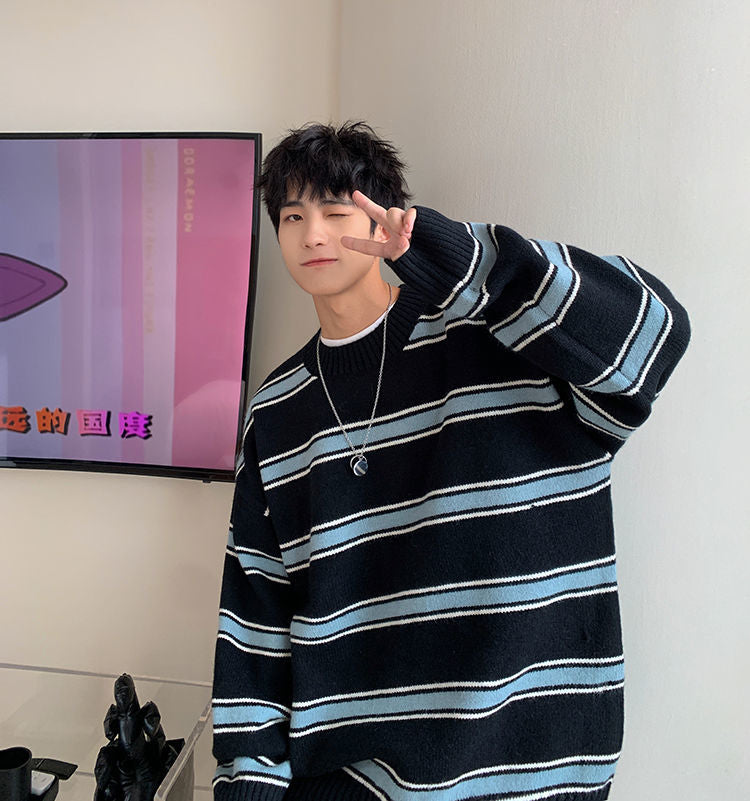 Voguable Striped Sweater Men Round Neck Winter Pullover Sweater Korean Fashion Harajuku Loose Wild Long Sleeve Sweater Oversize voguable