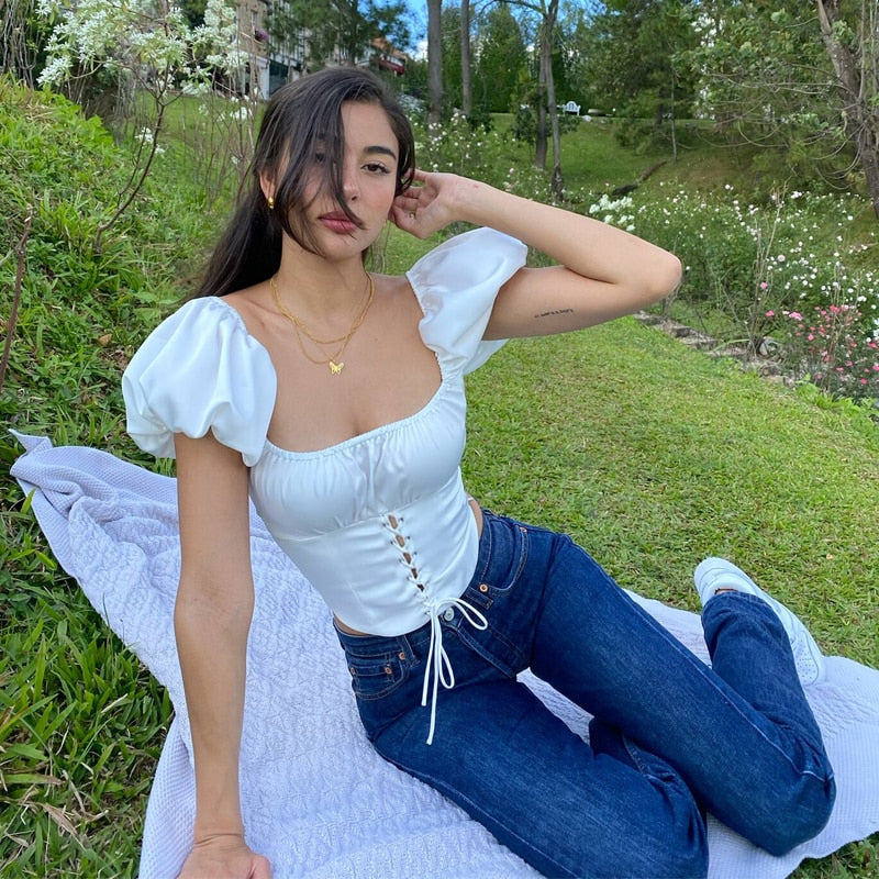 Summer Women Fashion Square Neck Pleated Lace Up T-shirt Pullover Solid Color Lace Up Short Bubble Sleeve Navel T-shirt voguable