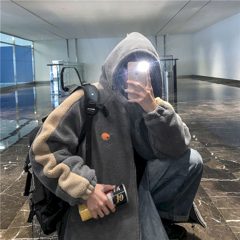 Voguable Hong Kong style cotton coat jacket lamb plush men's winter Korean version of the loose trend cotton coat male youth cotton coat voguable