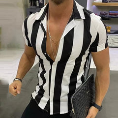 Voguable New Casual Striped Printed Short Sleeve Shirts For Men Summer Fashion Buttoned Tops Men's Turn-down Collar Shirt 2021 Streetwear voguable