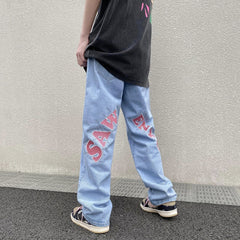 Voguable  American high street letter printed jeans men's summer thin hiphop fried street vibe straight tube loose pants streetwear hiphop voguable