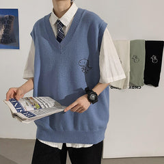 Men Printed Sweater Vests Loose Knitted Students Unisex Couple Daily All-match Fashion Leisure Males Jumpers Outwear Soft Chic voguable