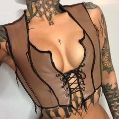 Voguable 2022 Sleeveless Solid Pu Leather Patchwork Bandage Hollow Out Sexy Tank Top Spring Summer Women Fashion Lounge Wear voguable