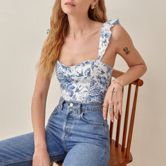 Beach Vacation Summer Tops For Women Fashion Elegant Vintage Swallow And Floral Print Crop Top Ruffle Strap Sexy Cami Top voguable