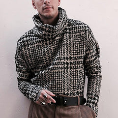 Voguable 2022 Fashion Houndstooth Printed Tops For Men Casual Long Sleeve Turtleneck Sweater Vintage Autumn Winter Mens Loose Jumper Male voguable