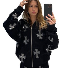 Voguable 2022 Winter Goth Rhinestone Y2K Zip Up Oversized Sweatshirts  Hoodies Pull Grunge Hooded Women Retro Jacket Streetwear Coat voguable