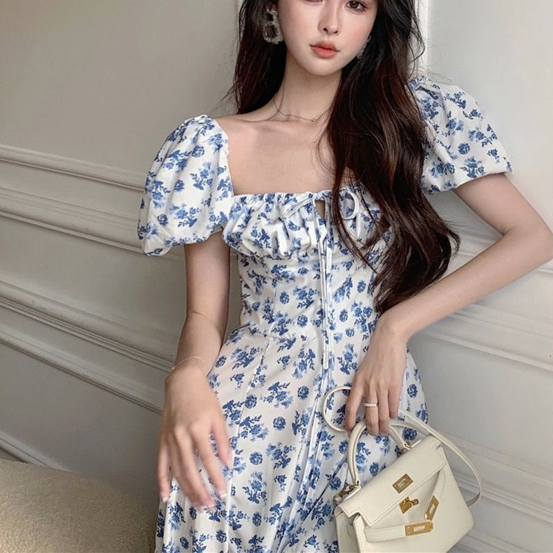 Voguable  2022 Dresses Women Side-slit French Style Print Leisure Puff Sleeve All-match Sexy Ladies Vestidos Vintage College Birthday Party New voguable