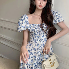 Voguable  2022 Dresses Women Side-slit French Style Print Leisure Puff Sleeve All-match Sexy Ladies Vestidos Vintage College Birthday Party New voguable
