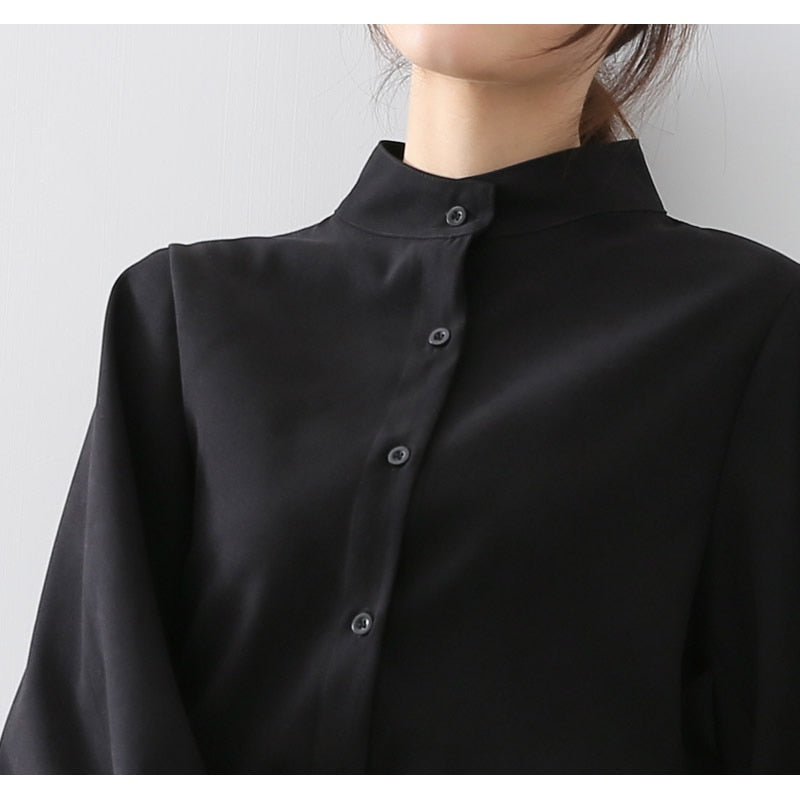 Voguable  Big Lantern Sleeve Blouse Women Autumn Winter Single Breasted Stand Collar Shirts Office Work Blouse Solid Vintage Blouse Shirts voguable