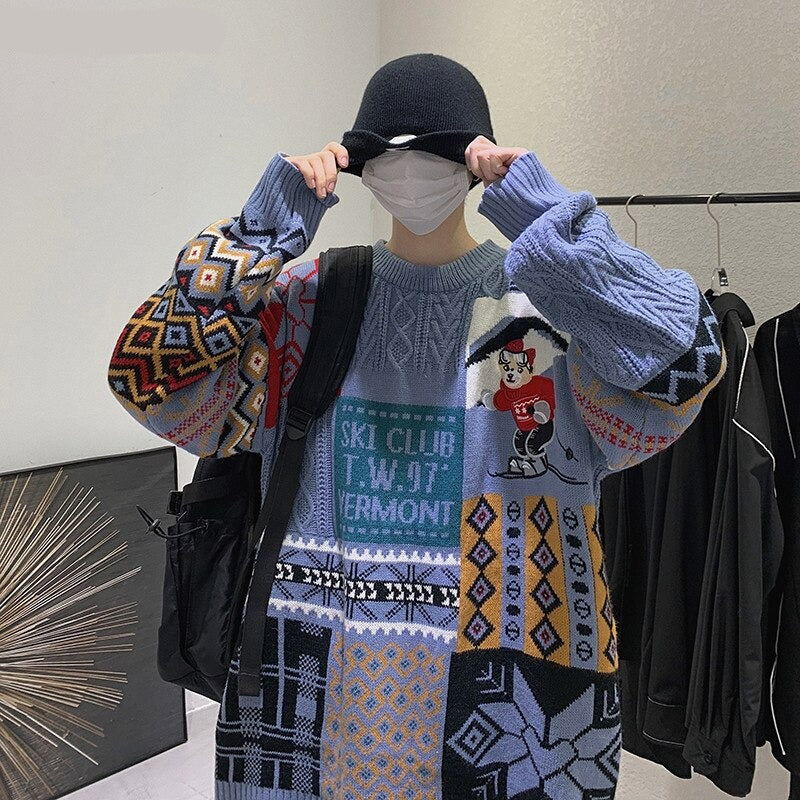 Voguable 2021 Geometry Sweater Jumper Men Korean Loose Knitted Sweater Clothing Oversize Top Couple Casual Knitting Pullovers Men voguable