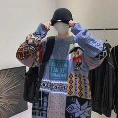 Voguable 2021 Geometry Sweater Jumper Men Korean Loose Knitted Sweater Clothing Oversize Top Couple Casual Knitting Pullovers Men voguable