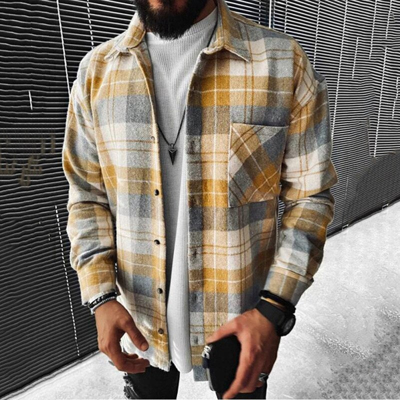 Voguable New Men's Shirt 2021 Fashion Trend Color Matching Plaid Printing Spring and Autumn Cardigan Lapel Long-sleeved Plaid Shirt voguable