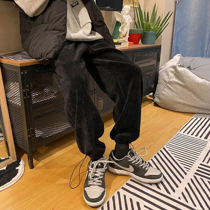 Voguable Man Casual Tie Leg Straight Pants Woman Corduroy Solid Color Oversize Trousers Man Warm Korean Streetwear Pants voguable