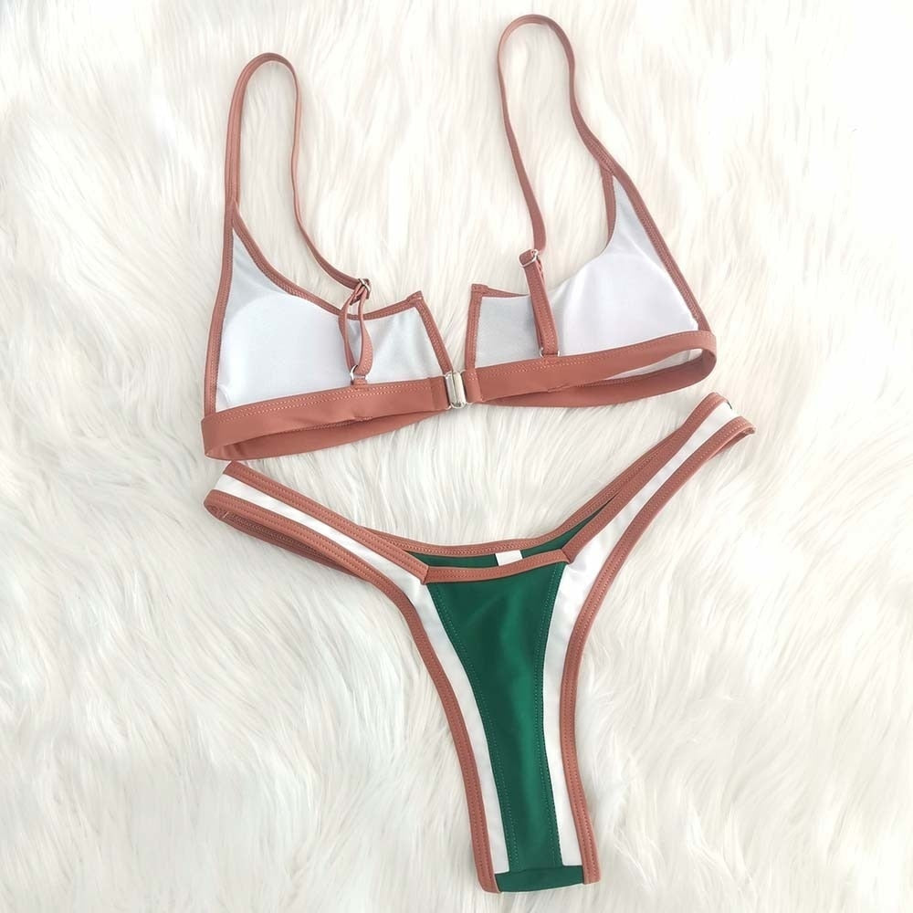 Voguable Vintage Retro Bikini Patchwork Swimsuit Thong Brazilian Sexy Swimwear Female 2021 New Summer Micro V-bar Green Bathing Suits voguable