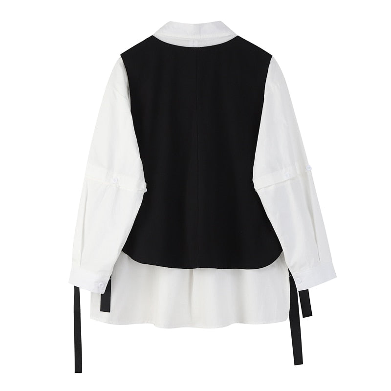 Voguable 2022 Spring Autumn Women's Two-Piece Sets Streetwear Fashion Tooling Style Vest And Solid Loose Long Sleeve Shirts Female Suit voguable