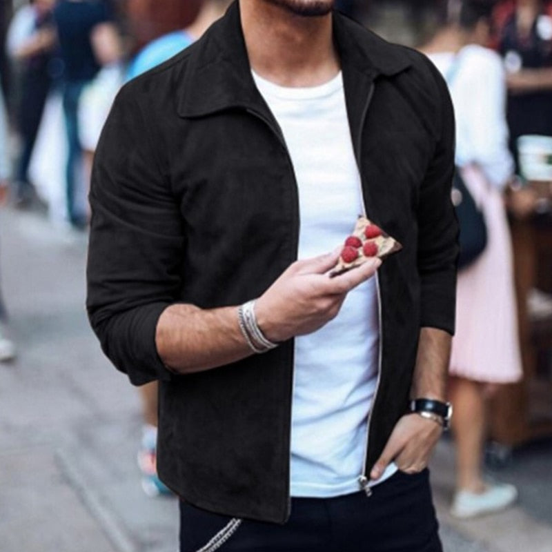 Voguable Autumn Fashion Suede Coats For Men Solid Turn-down Collar Zipper Tops Coats 2021 New Winter Casual Long Sleeve Slim Men Jackets voguable
