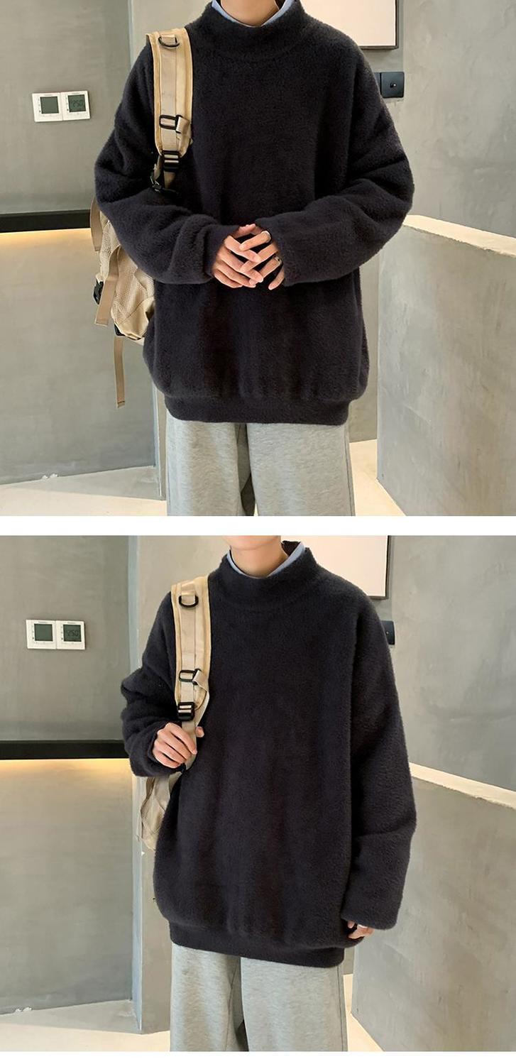 Voguable Autumn and Winter Fleece Men's Sweatshirt Loose Half High Collar Solid Color Trend Korean Wild Warm Lamb Velvet Sweater Men voguable