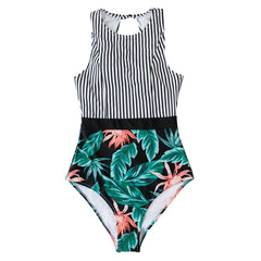 CUPSHE Black Striped And Green Leaf One-piece Swimsuit Women Sexy Cutout Monokini Bathing Suits 2022 New Girl Beach Swimwear voguable