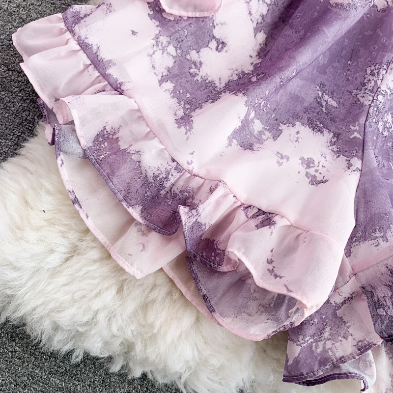 Bohemian Women Tie Dye Printed Chiffon Romper Female Elegant Ruffle V-Neck Wide Leg Jumpsuits Casual Yellow/Purple Playsuit New voguable