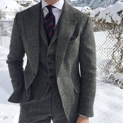 Voguable Gray Wool Tweed Men Suits For Winter Wedding Formal Groom Tuxedo 3 Piece Herringbone Male Fashion Set Jacket Vest with Pants voguable